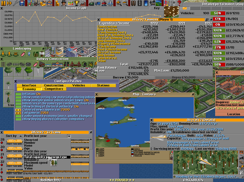 OpenTTD has its own window... OpenTTD has its own window management as it runs on so many platforms. This picture has been stuffed to unplayability with windows. We can see company income, finances and performance rating (which is used as a score when you finish the game). We can also see two construction-toolbars, with the tree-tool selected. On the left side is the list of trains, which will be sorted by total capacity.A bit to the right we can see a relief-map, which can be toggled to show various states (relief, transport routes, ownership) and allows you to scroll around the ‘universe’. On the right side we have zoomed into a Concorde making a hefty profit judging by the details window. Lastly an almost invisble detailed industry window.