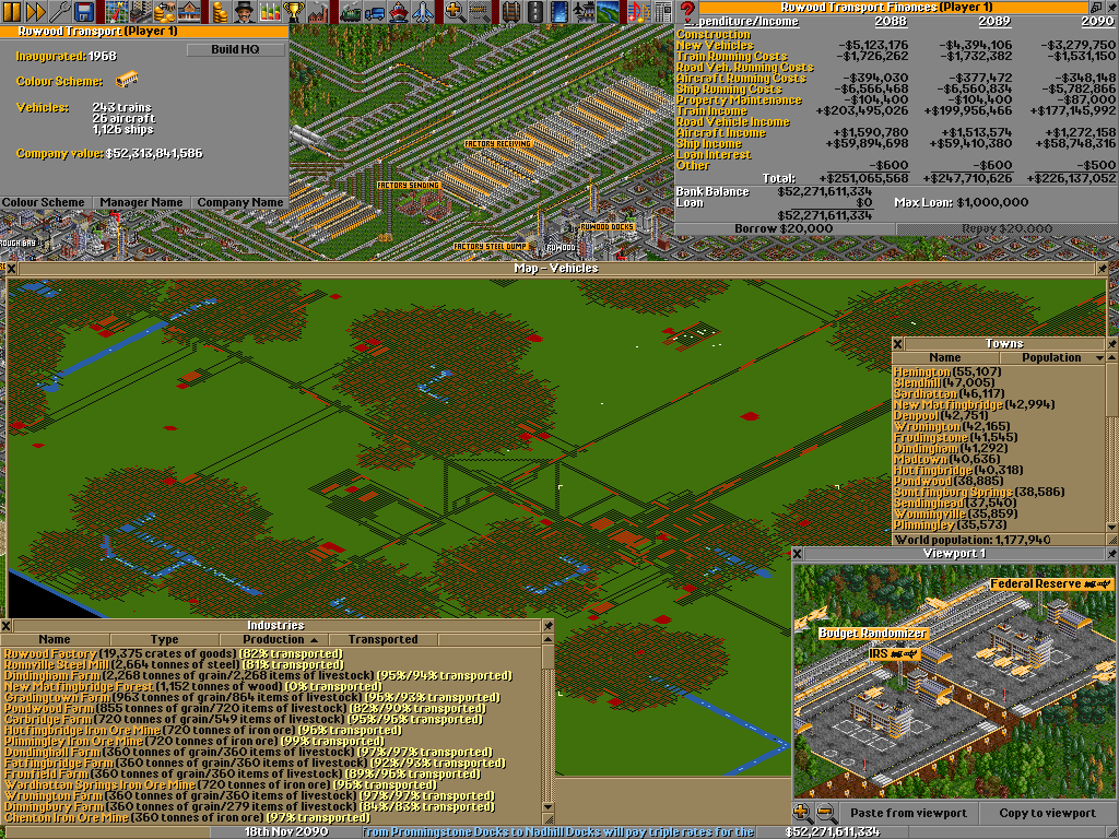 Massive, just massive…and it can... Massive, just massive…and it can be thanks to OpenTTD.Large factories average just under 20,000 units. 1,126 ships transport passengers and mail to grow city sizes. 26 aircraft carry valuables to a central location where they pick up valuables from other banks based on landing order (Bottom-left).