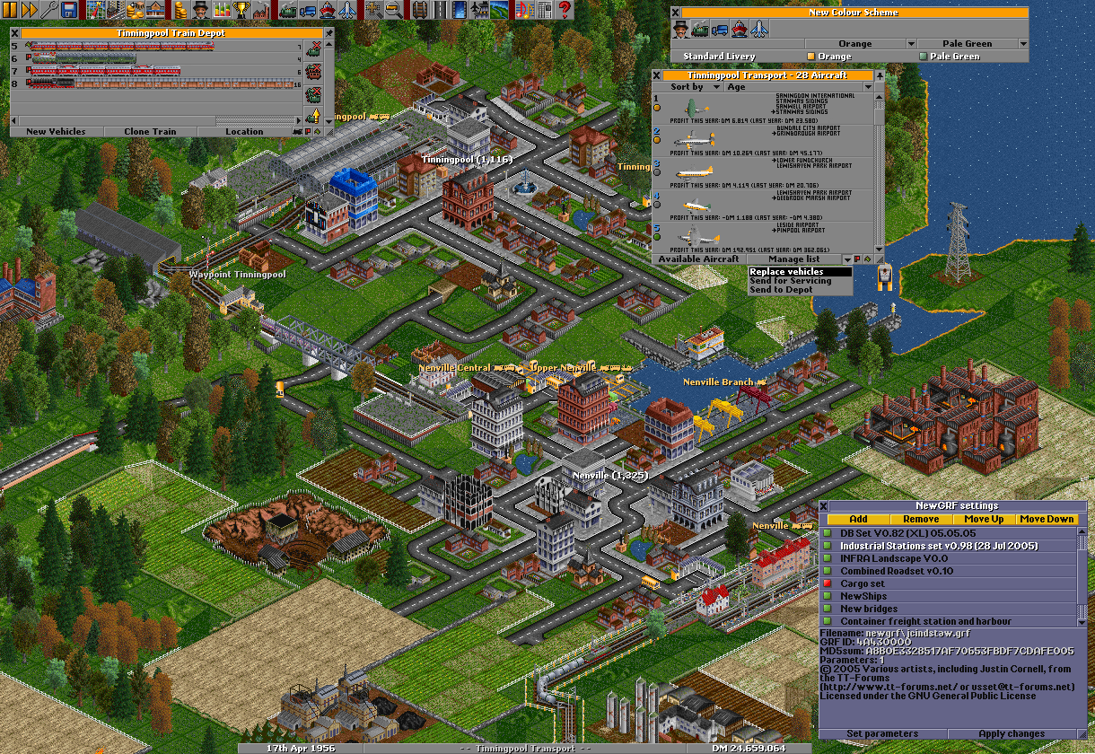 This picture focuses on some... This picture focuses on some of the new GUI elements of 0.5.0. For the first time we see the in-game NewGRF gui allowing graphical GRF selection, a huge step towards user friendliness. A new colour scheme window, supporting 2CC’s (Two Company Colours) is also present; effects can be seen on the Fokker F.VII in the aircraft list. From the vehicle lists (or the depot for some actions) you can now mass-manage your fleet. Mass start/stop, sell, send to depot, etc. all just a click away. Pretty nifty.